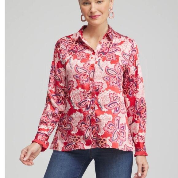Chico's NWT Pleated Pintuck Blouse Modern Dash Floral in Ginger Rose Size 18 - Picture 1 of 12